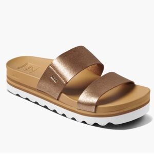 Reef Womens Bronze Metallic Double-strap Slide with Tan Footbed